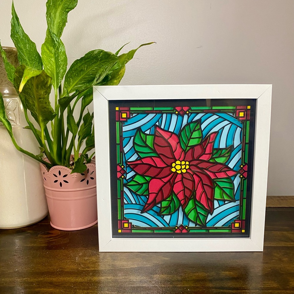 3D Stained Glass Poinsettia Christmas Shadowbox
